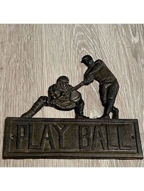 Baseball Black/Brown Cast Iron “PLAY BALL” Catcher Hitter 9” Wall Hanging Plaque